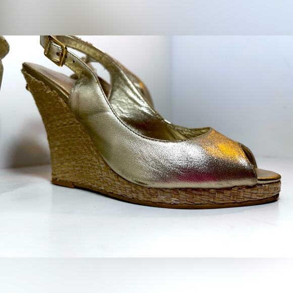 Lilly Pulitzer Kristin Leather Wedge Gold Peep Toe    Preppy Shoes Size 8.5 - Picture 5 of 16